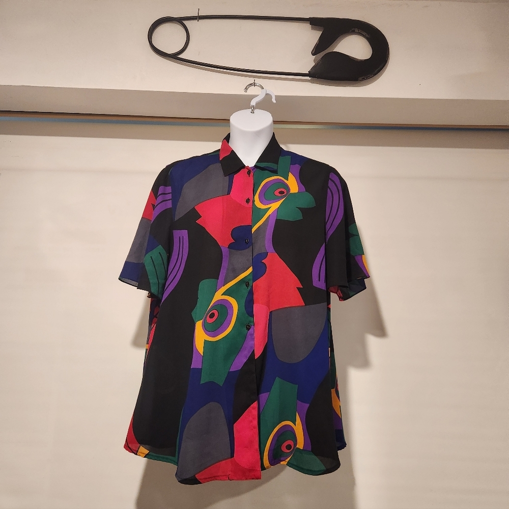 High Colection Womens Short-Sleeve Abstract Button-Up - Black Multi